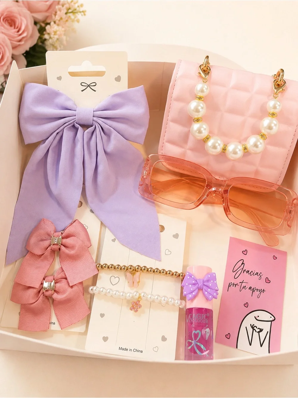 Kids Pink Hair Accessory Gift Box with Gold Ribbon